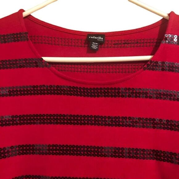 Rafaela Petite Size M Crew Neck Red Black Striped Shimmery Holiday Sweater - Picture 2 of 13